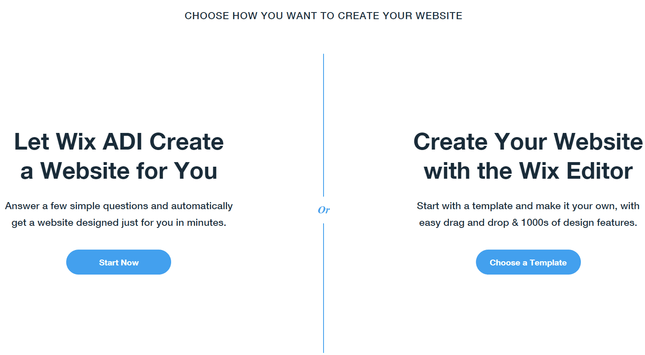 Wix's set up page, split into 2 options: users can select the Wix ADI builder or Wix editor